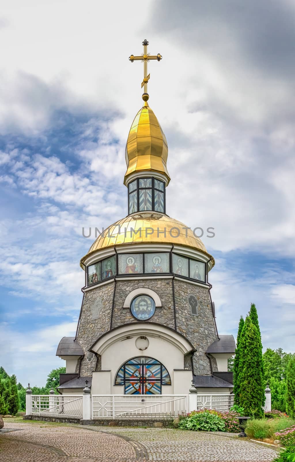 Buki, Ukraine 06.20.2020. Temple Complex with landscape Park in Buki, Ukraine, on a cloudy summer day