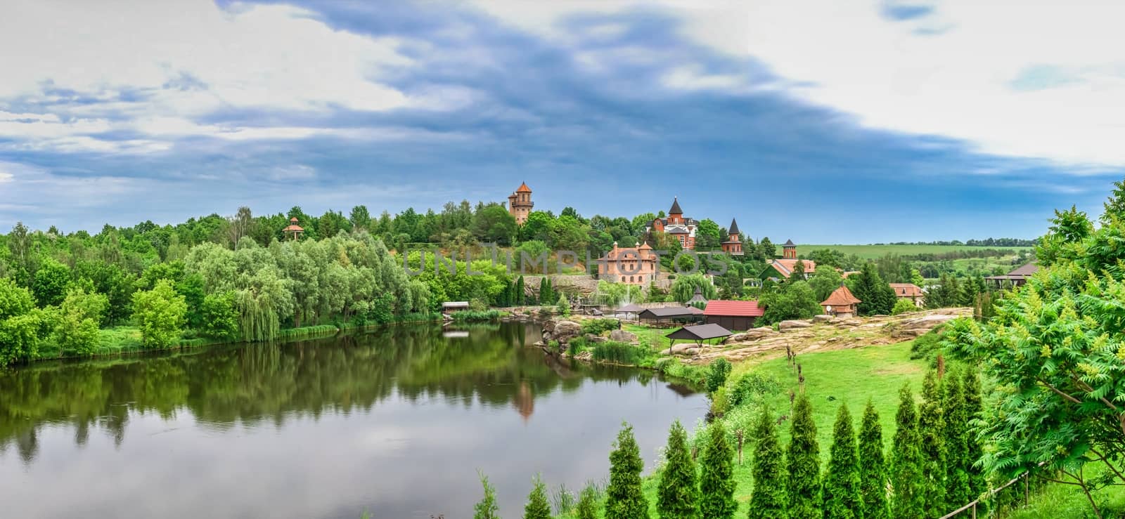 Buki, Ukraine 06.20.2020. Landscape Park and recreational complex in Buki village, Ukraine, on a cloudy summer day