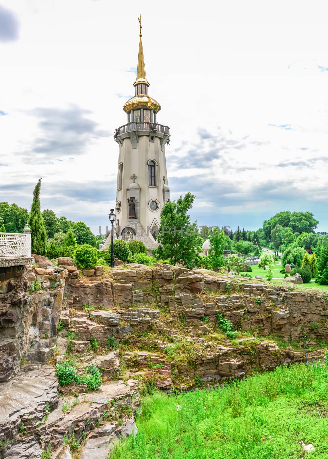 Buki, Ukraine 06.20.2020. Temple Complex with landscape Park in Buki, Ukraine, on a cloudy summer day