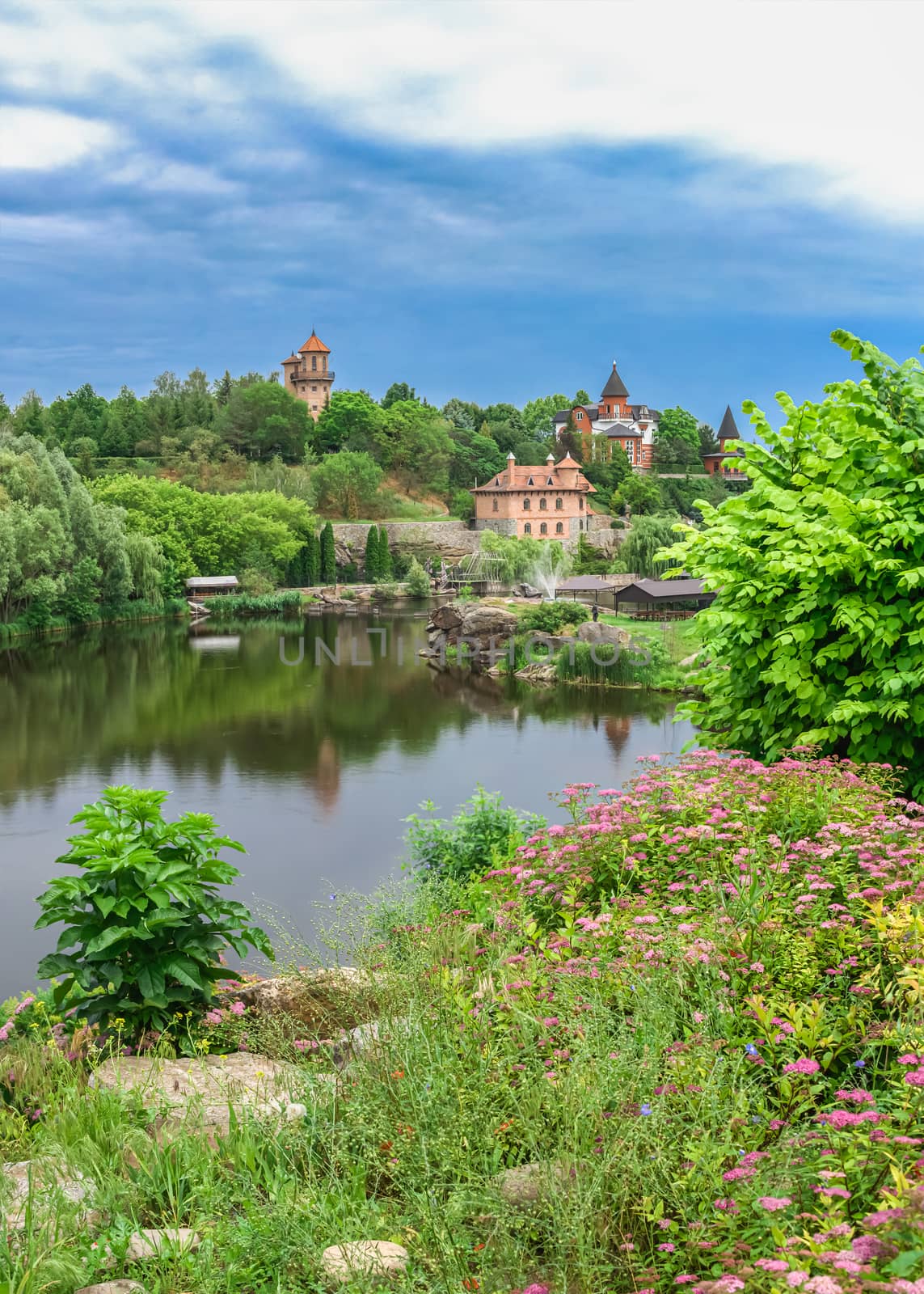 Buki, Ukraine 06.20.2020. Landscape Park and recreational complex in Buki village, Ukraine, on a cloudy summer day