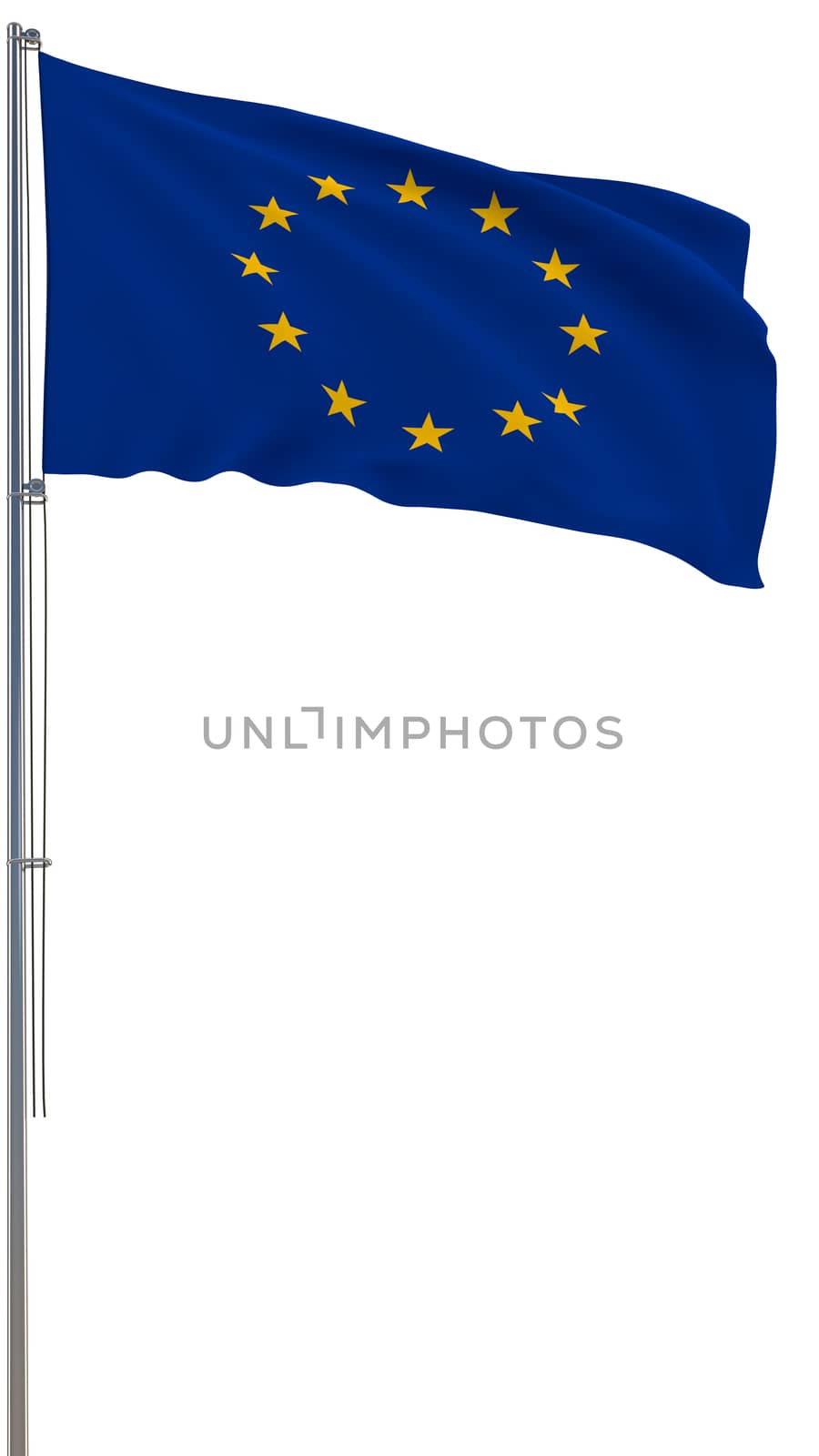 European Union flag waving in the wind, white background, realistic 3D rendering image