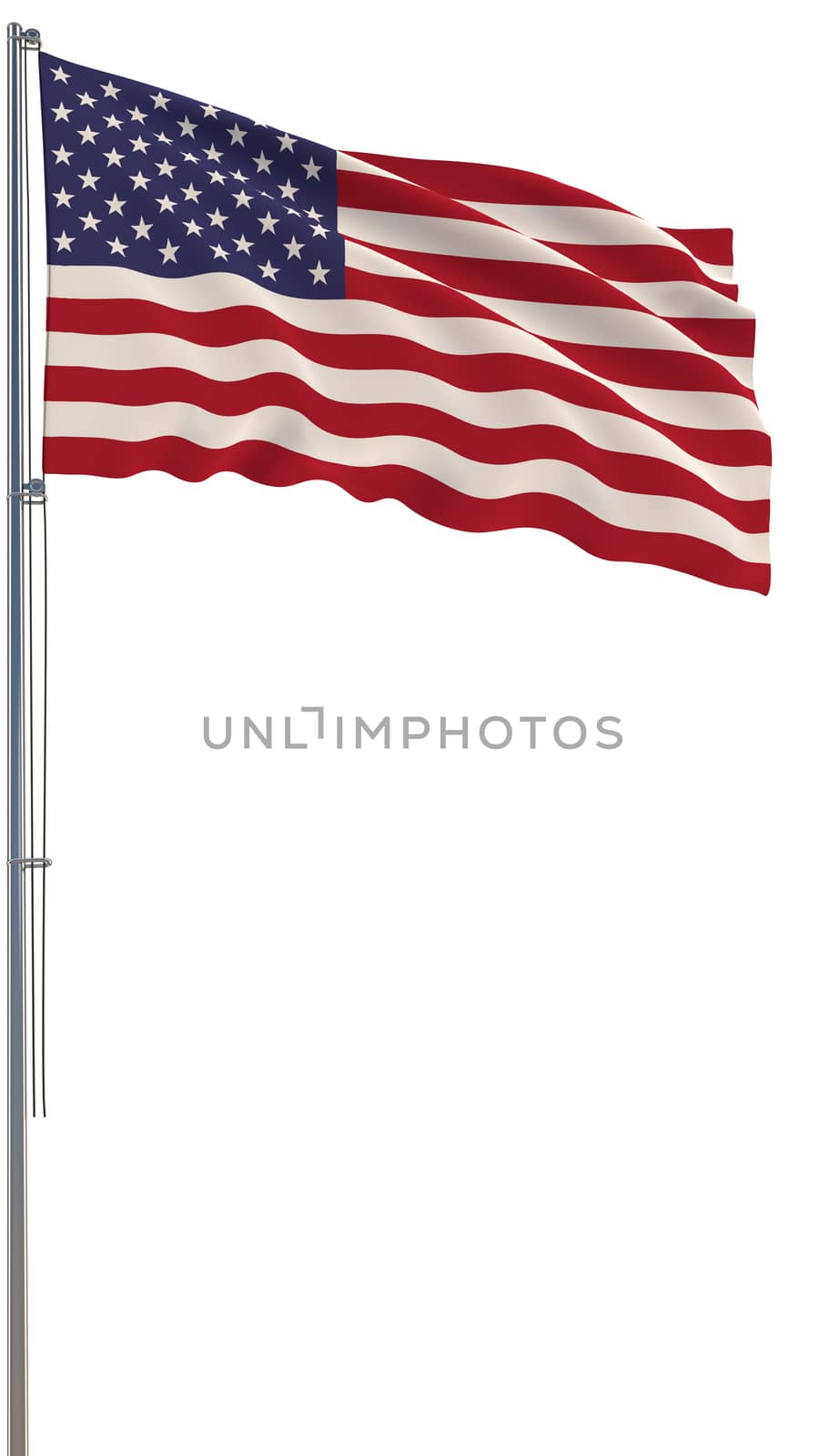 United States flag waving in the wind, white background, realistic 3D rendering image