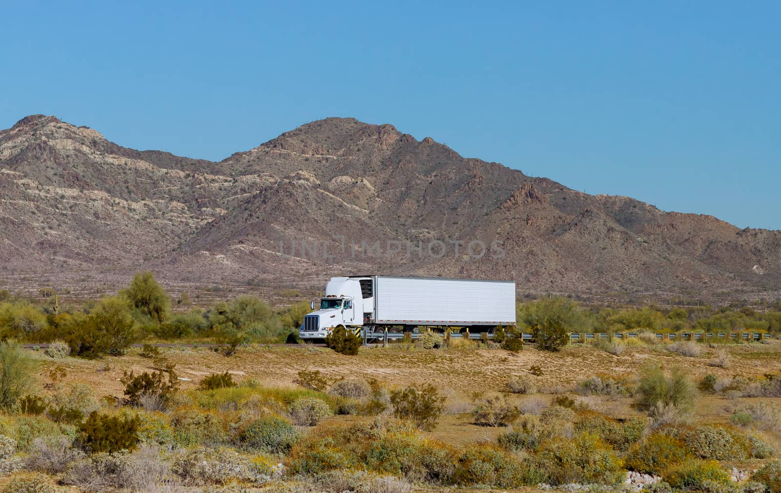 American make big rig semi truck transporting reefer fast on mountain highway USA