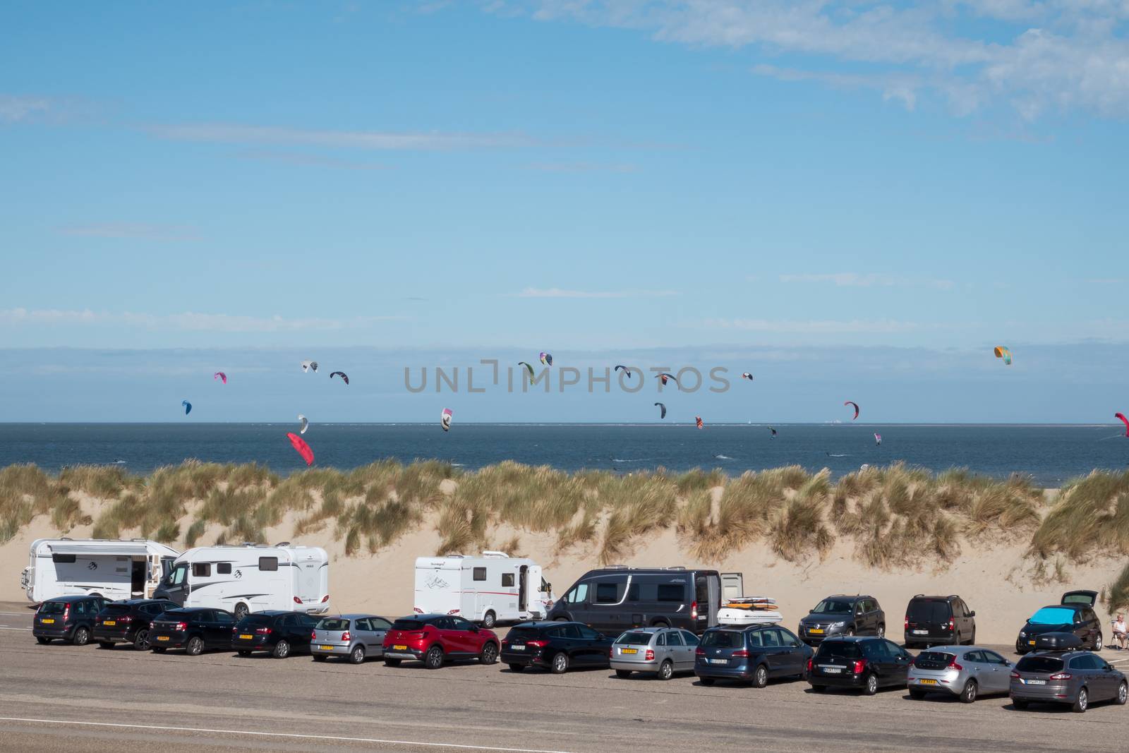 Ouddorp,Holland,07-aug-2020: people travel to the coast in summer time with camer and caravan, this place is always a tourist attraction at the brouwersdam