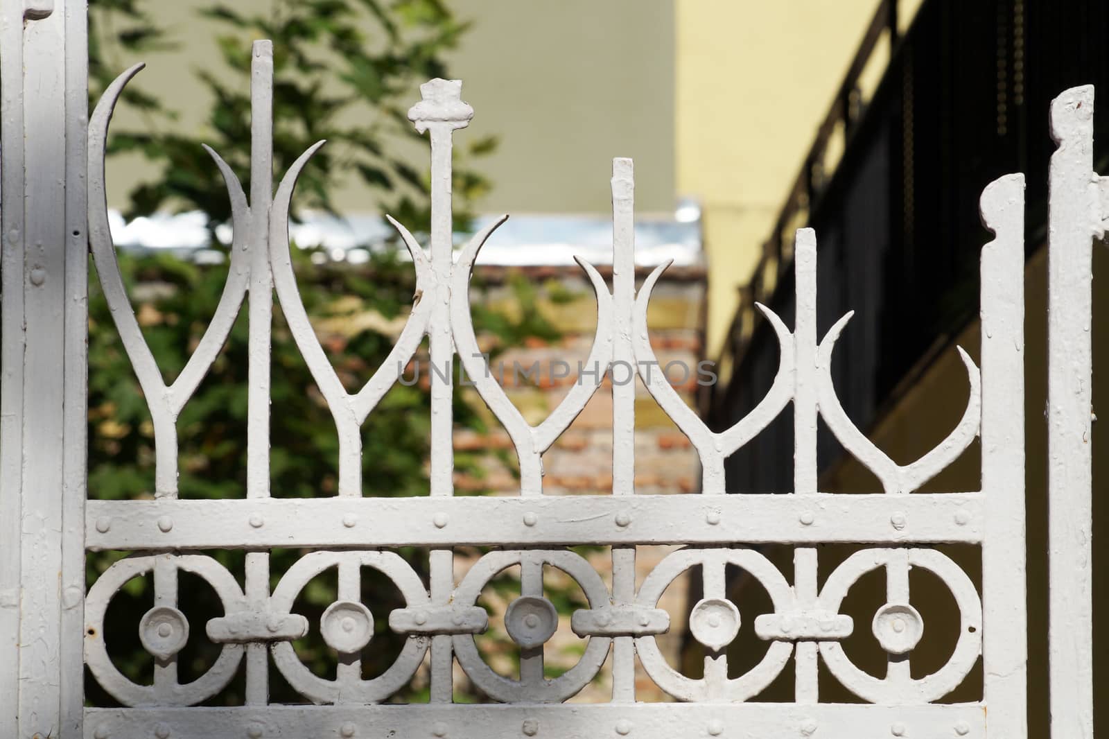 fragment of openwork white forged fence close up by Annado