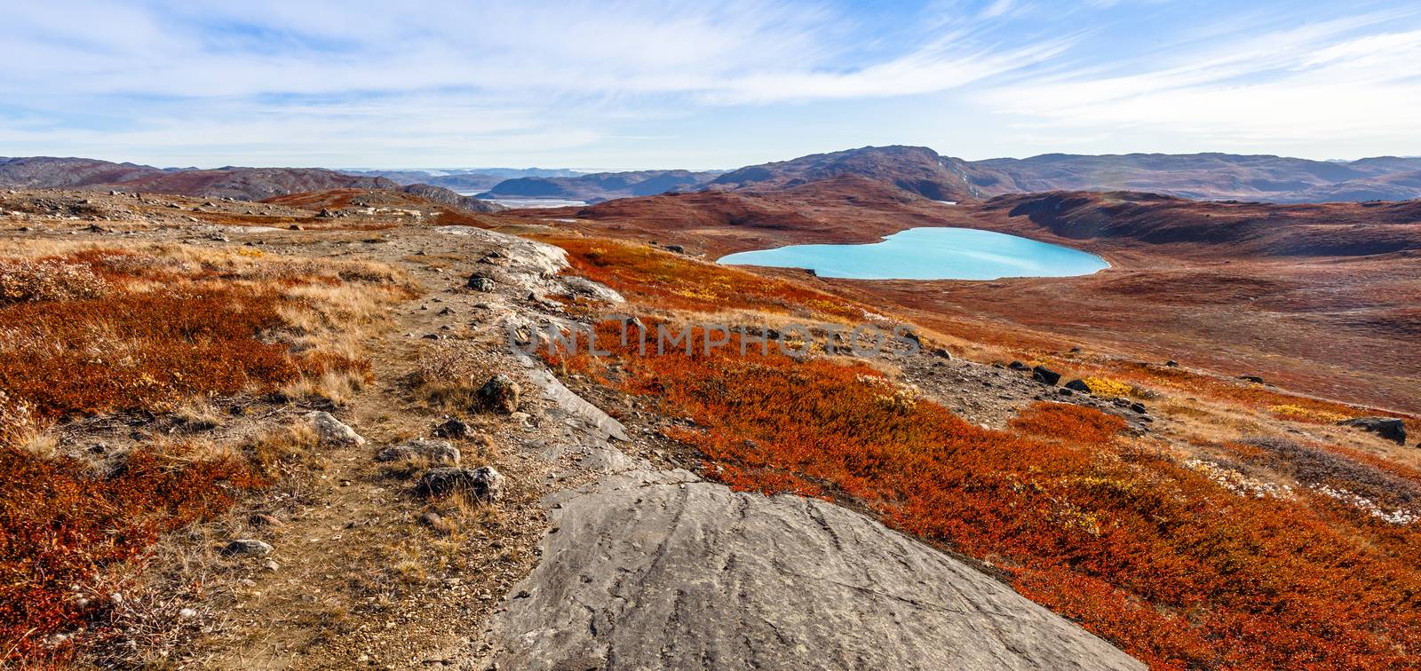 Autumn greenlandic orange tundra landscape with lakes and mounta by ambeon