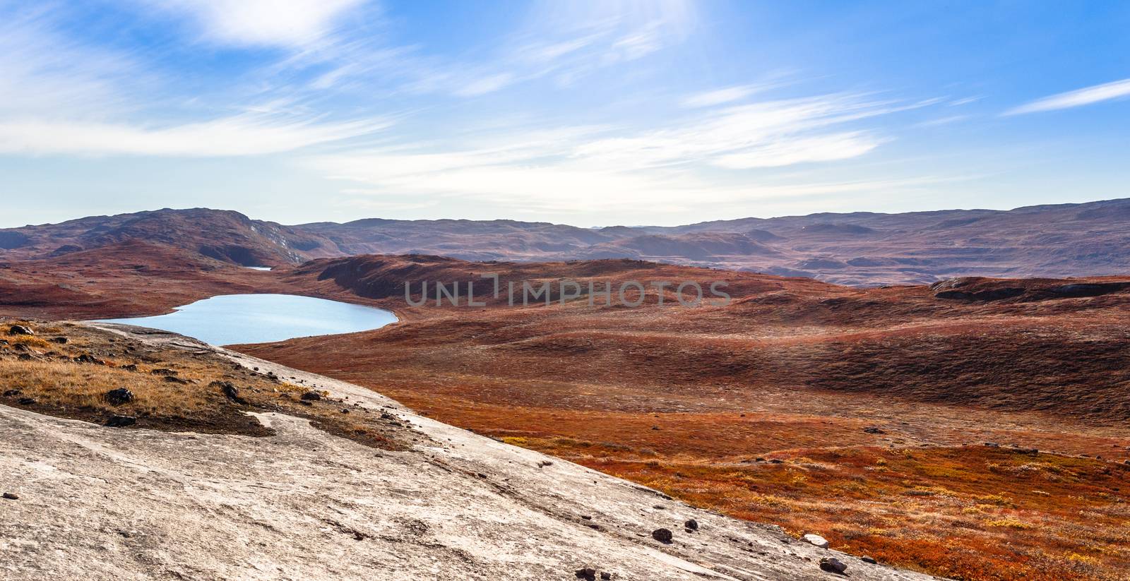 Autumn greenlandic orange tundra landscape with lakes and mounta by ambeon