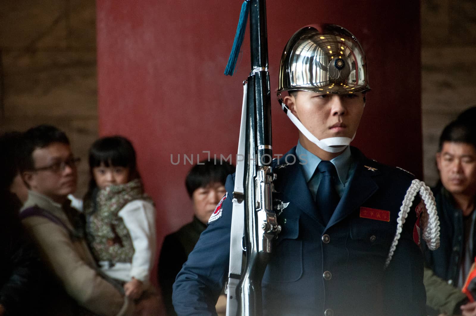 Soldier looks in Sun Yat Sen Memorial in Taiwan