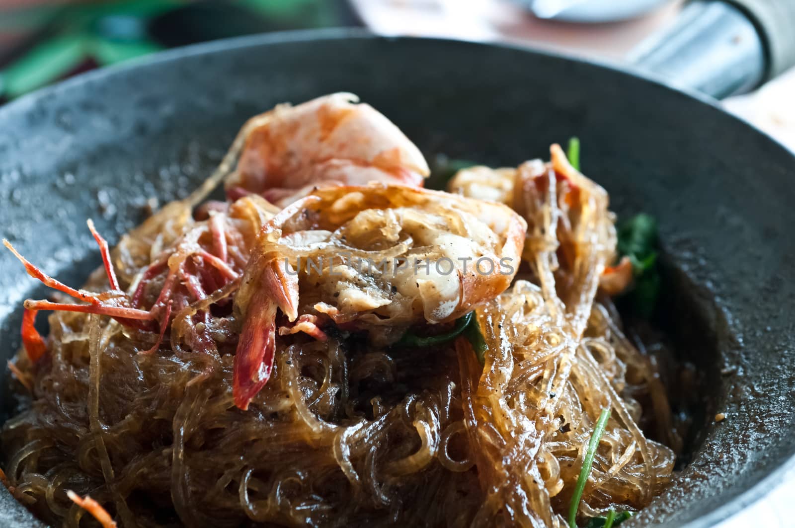Giant prawn baked in soy herbal sauce with glass noodle