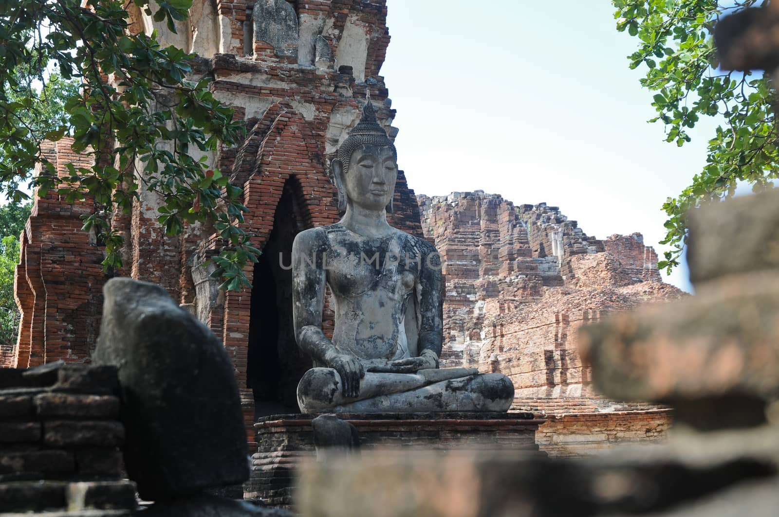 Thai peaceful Buddha ancient statues in Ayudhaya city
