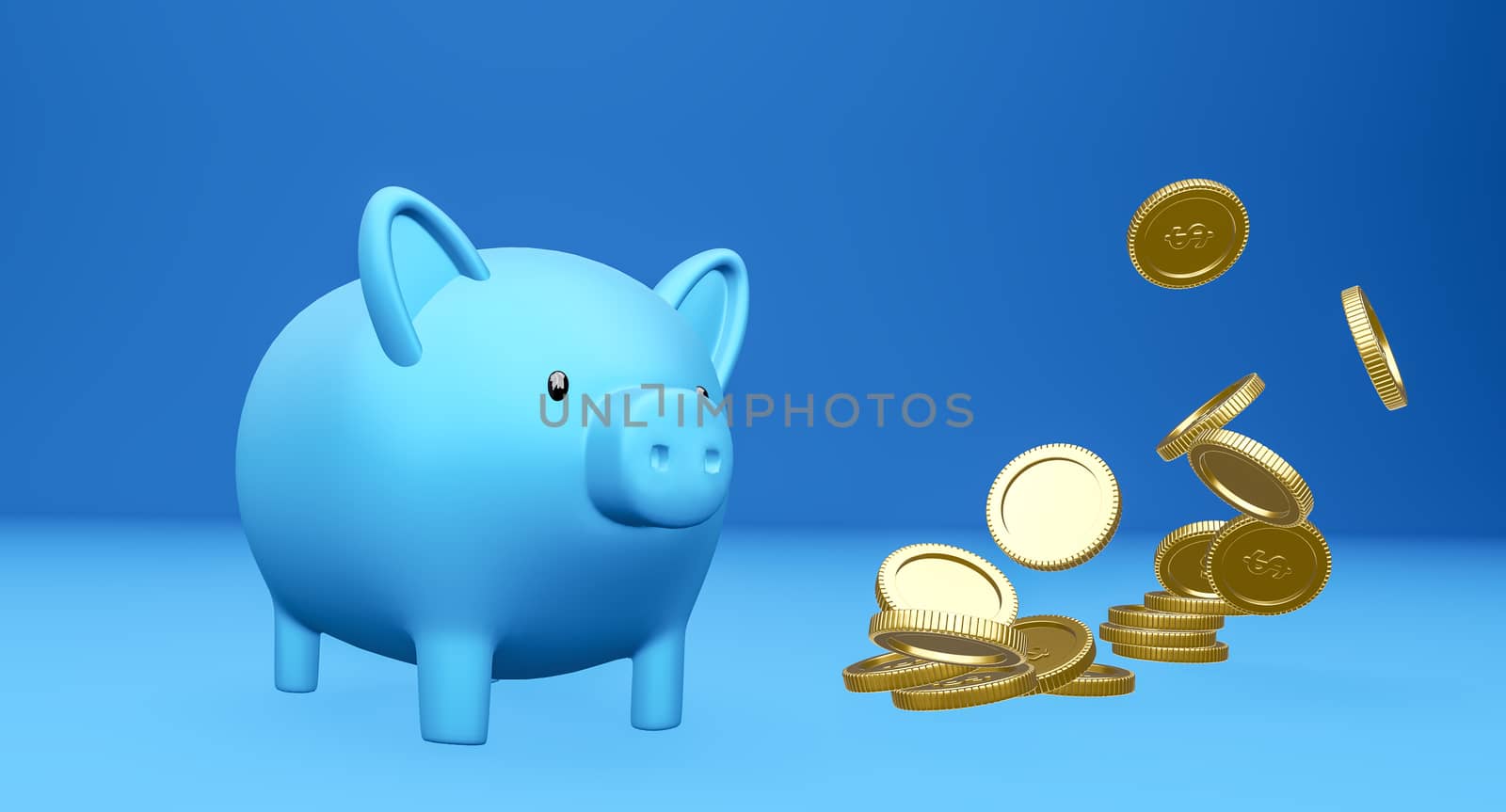 Blue piggy bank and falling coins. by Nawoot