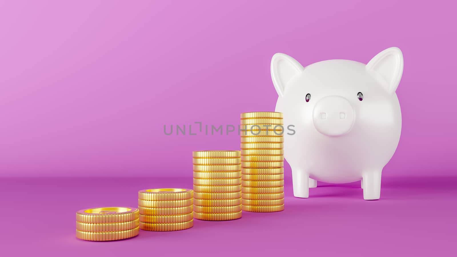3d Rendered illustration of a white piggy bank with stacks of gold coins. Business and financial growth concept.