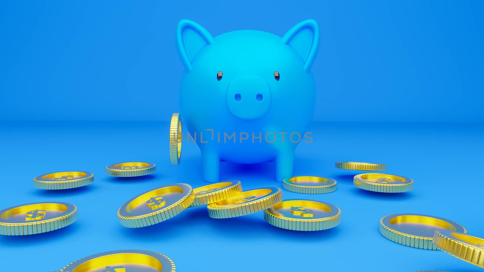 3d rendered illustration of a blue piggy bank and falling golden coins.