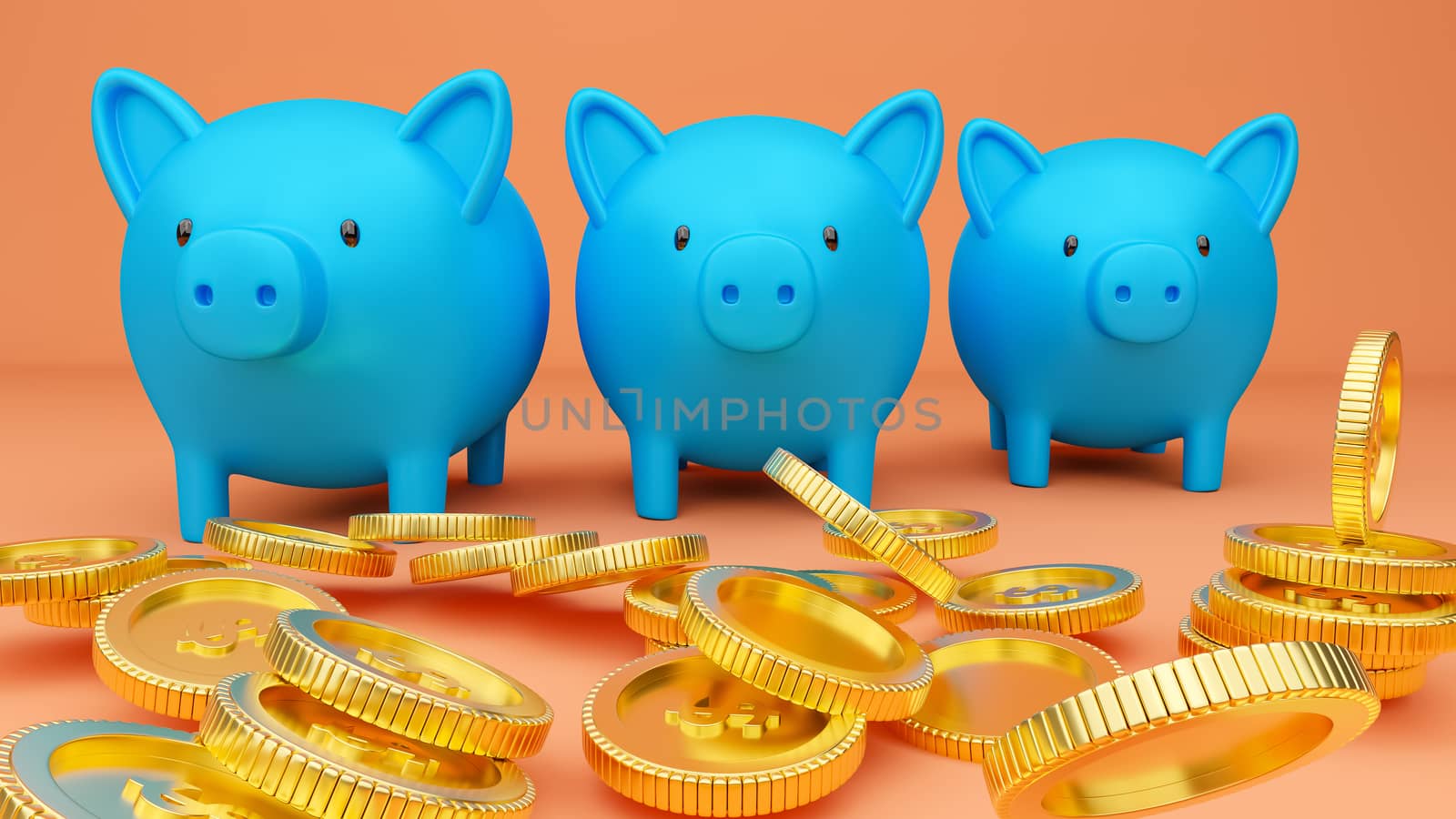 3D rendered illustration of three blue piggy banks and falling golden coins.