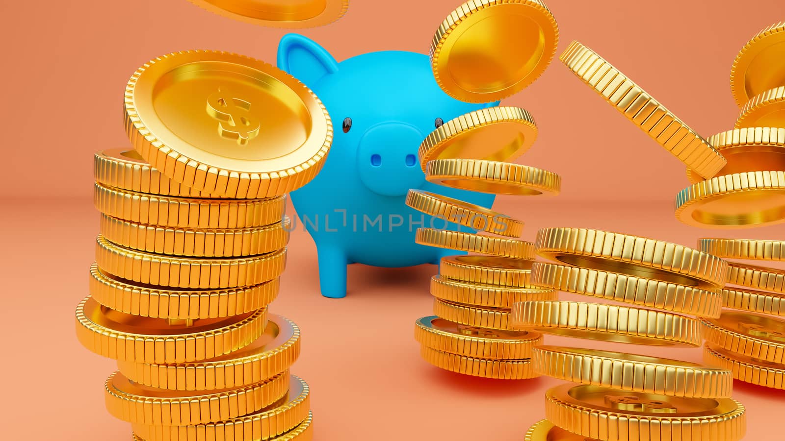 3D rendered illustration of a blue piggy bank and falling stacks of gold coins.