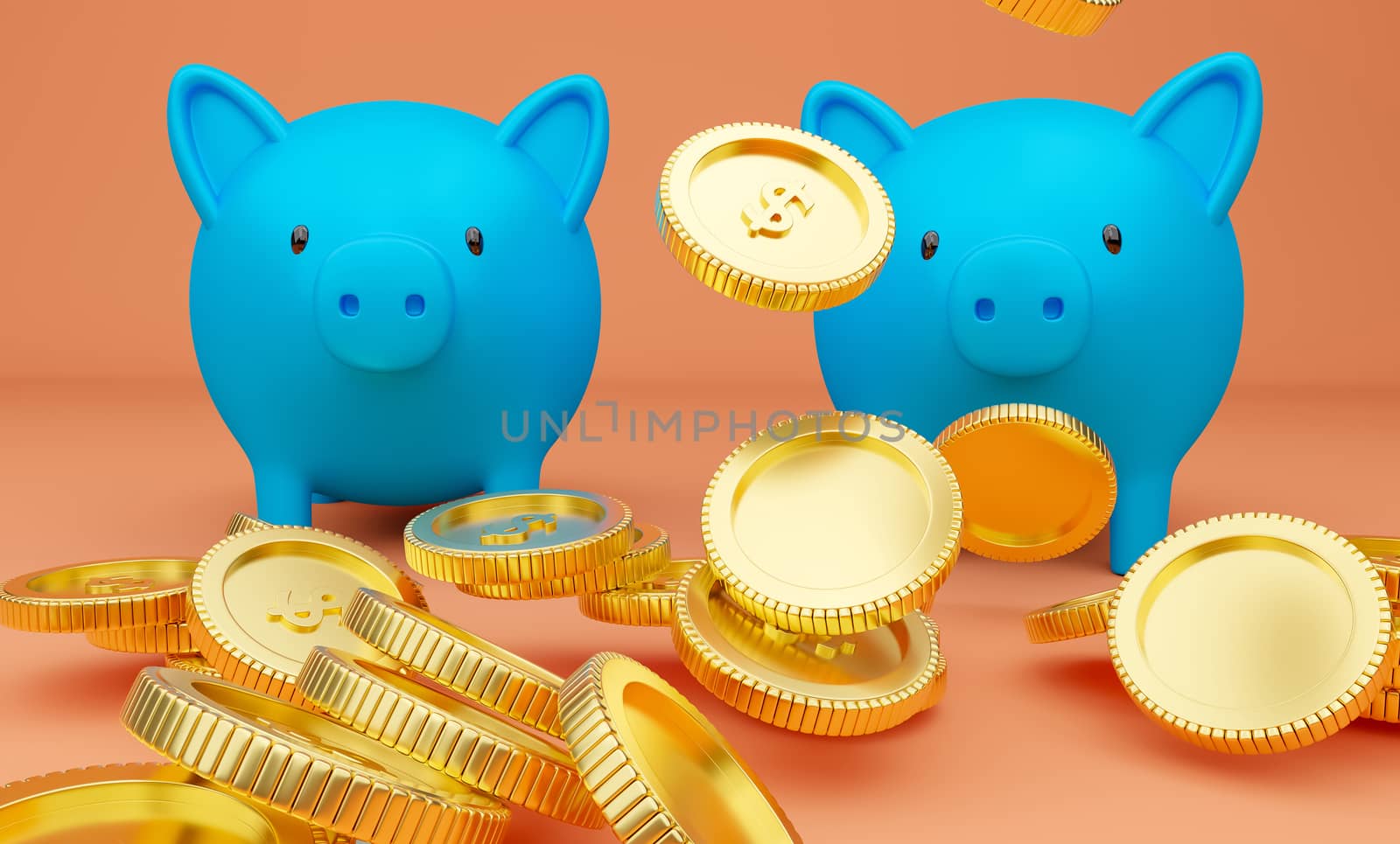 3d rendered illustration of two blue piggy banks and falling golden coins.