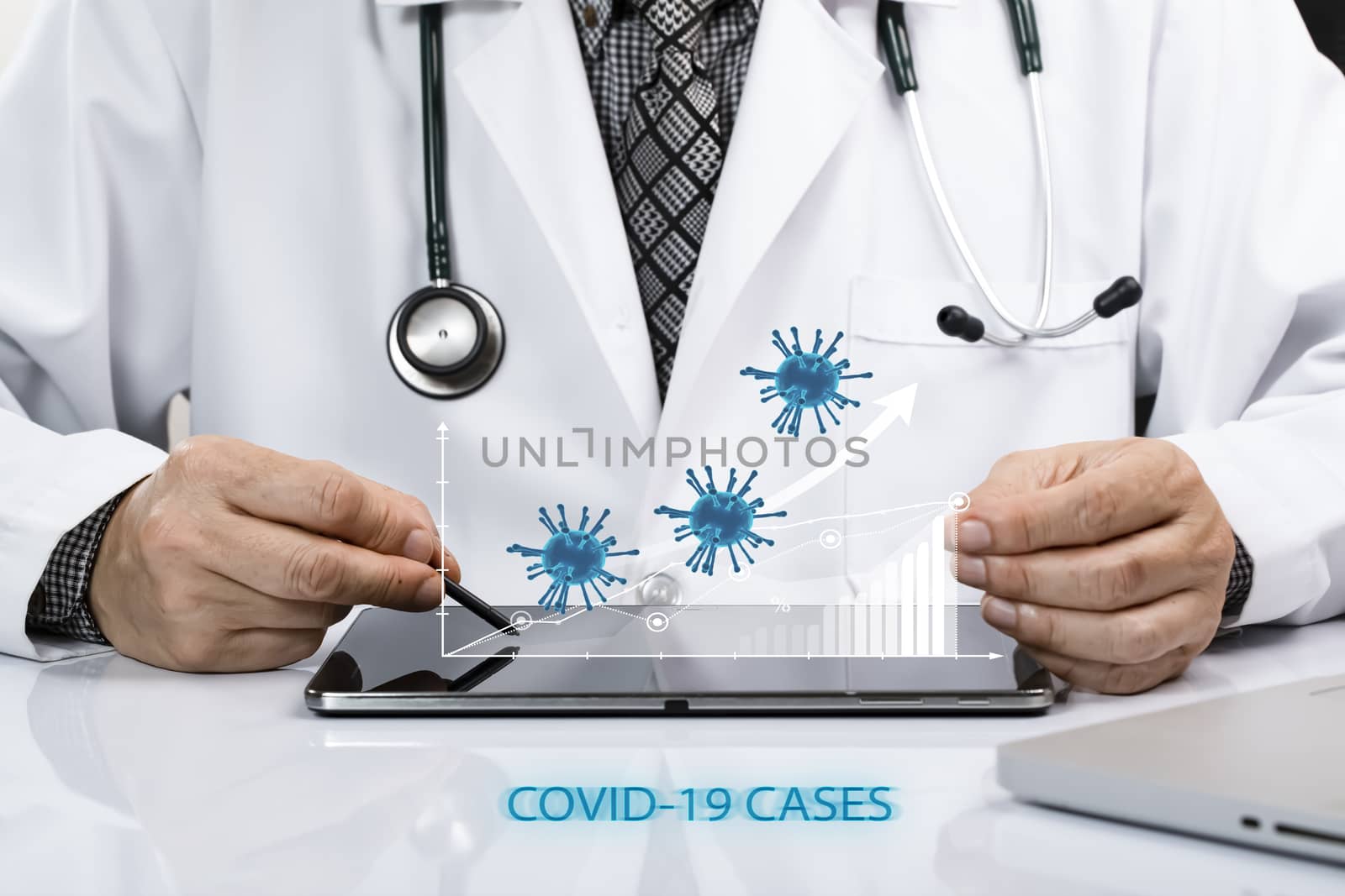 A doctor in white coat studying cases of covid-19 cases on a tablet. Raising statistics and epidemic of viral infection concept.