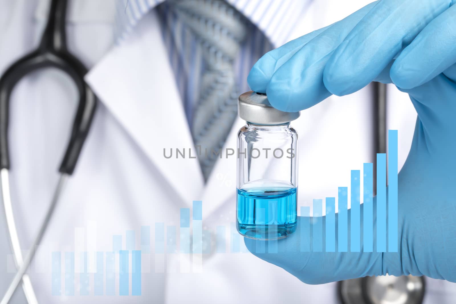 A doctor in white coat holding a vaccine vial containing blue liquid. Medication or vaccine administration, covid-19 prevention concept.