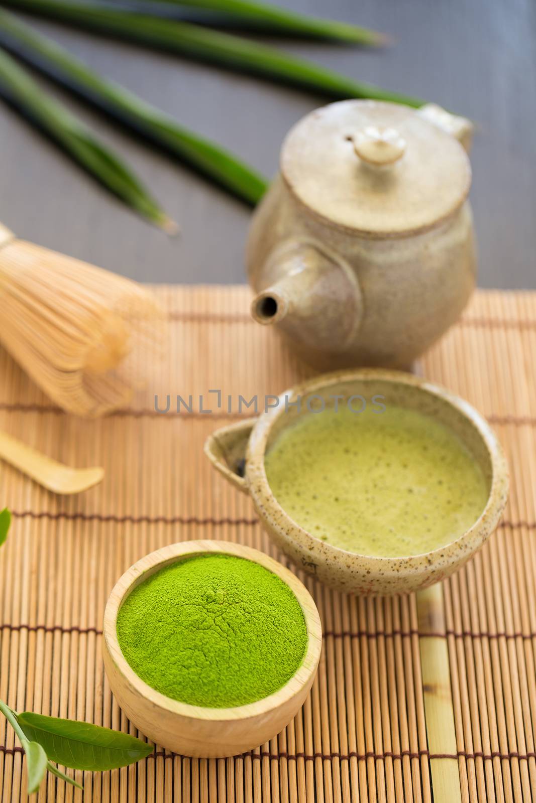 Set of matcha powder bowl wooden spoon and whisk green tea leaf  by kaiskynet