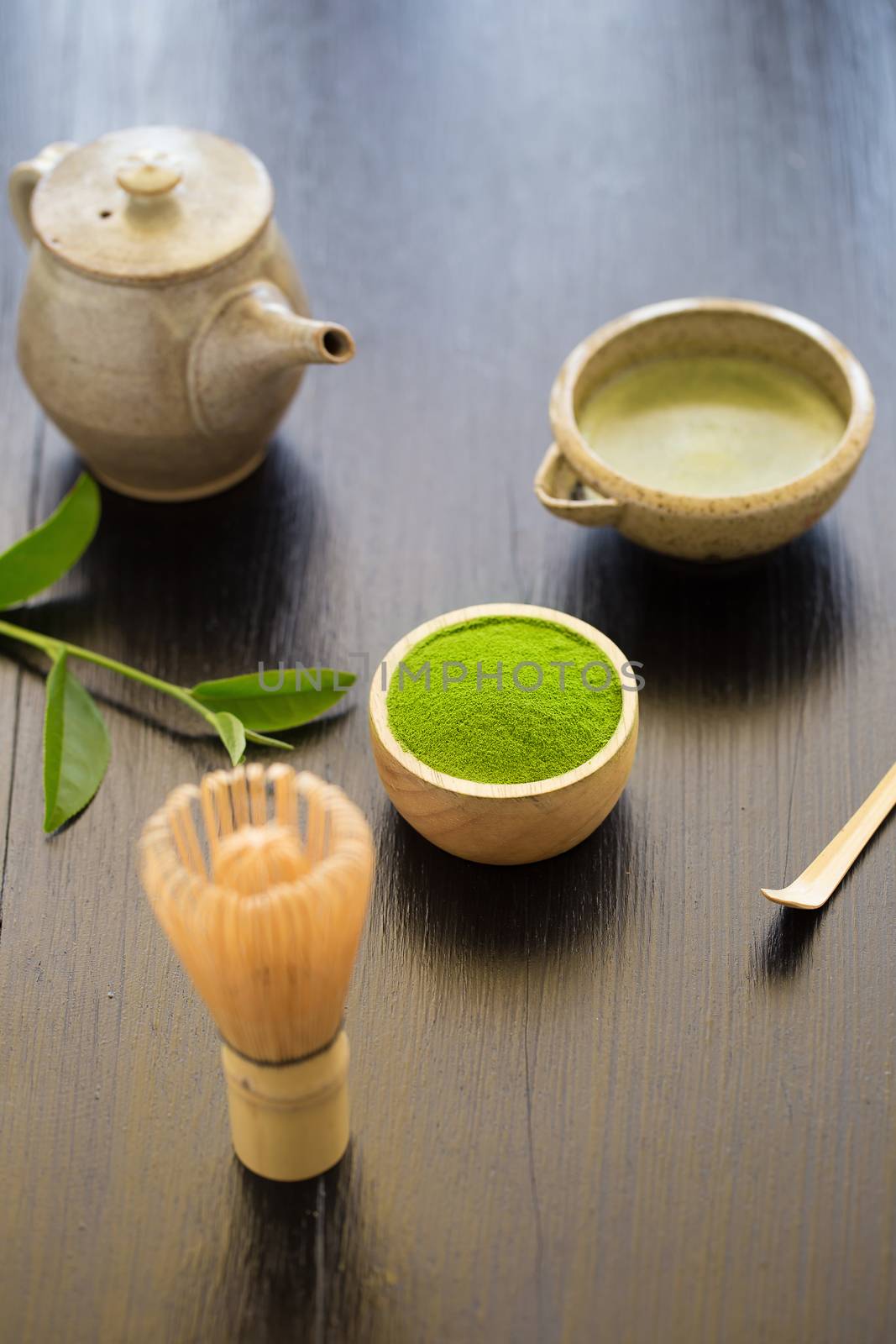 Set of matcha powder bowl wooden spoon and whisk green tea leaf Organic Green Matcha Tea ceremony.