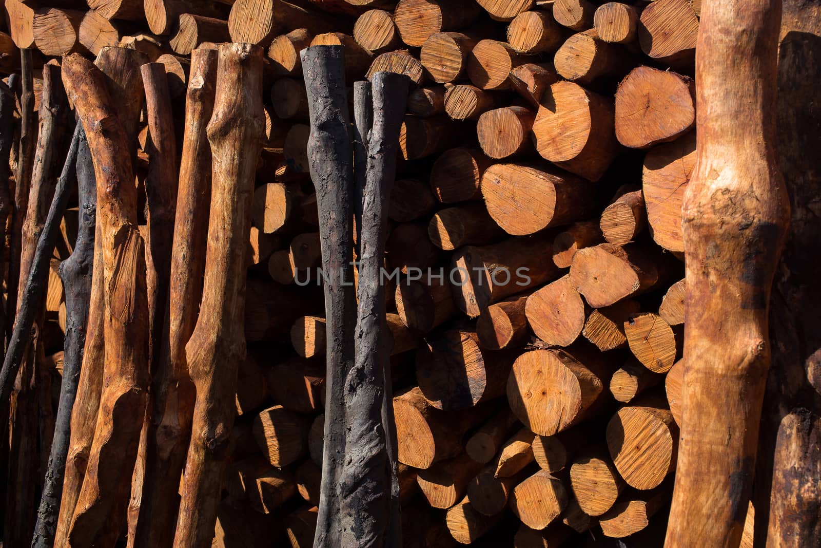 Firewood stacked and prepared for winter Pile of wood logs by kaiskynet