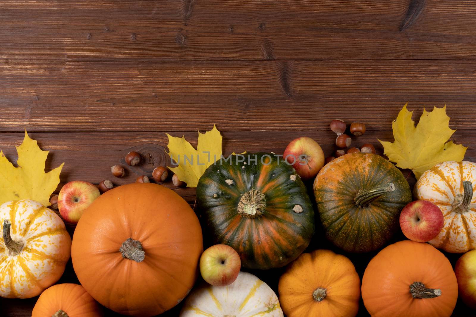 Autumn harvest still life with pumpkins , apples , hazelnuts on wooden background , top view