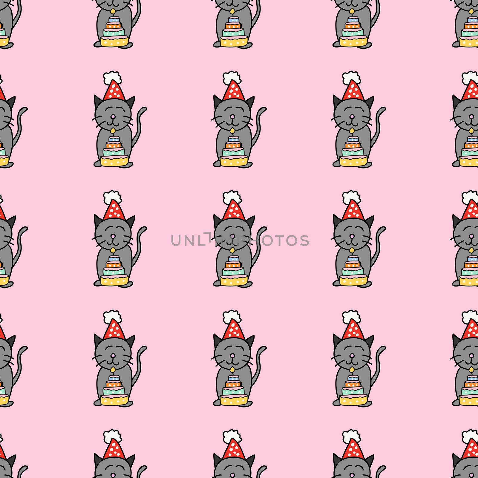 Seamless pattern of hand draw cute gray cat hold layer cake by iiinuthiii