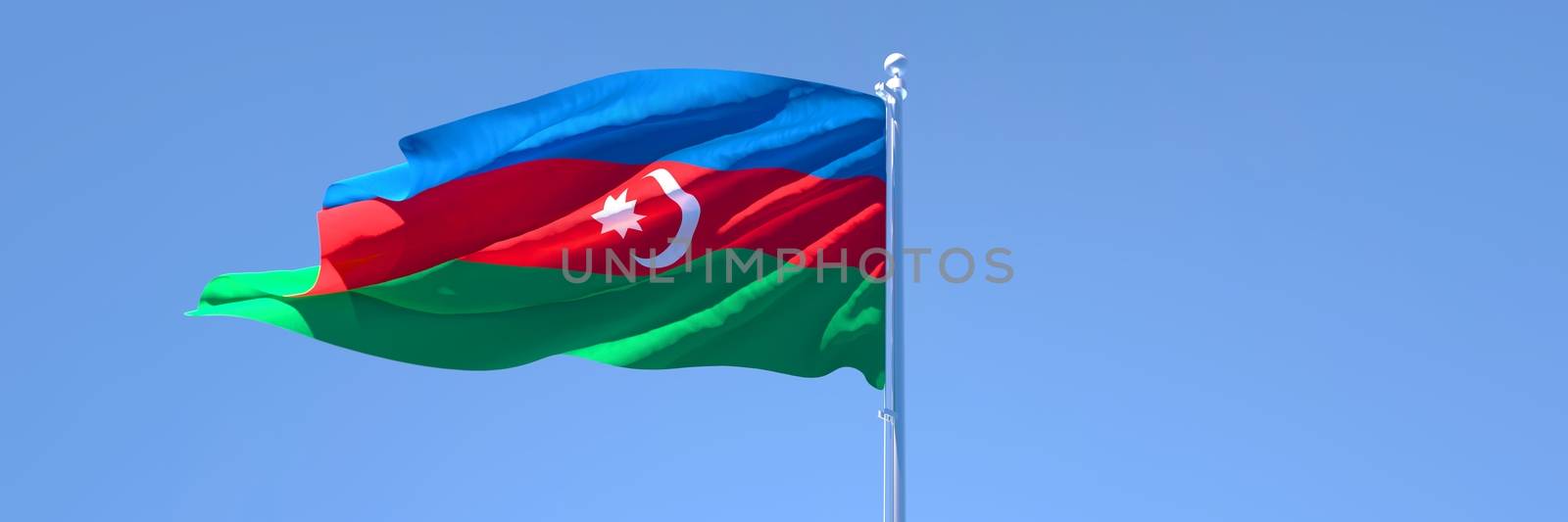 3D rendering of the national flag of Azerbaijan waving in the wind against a blue sky