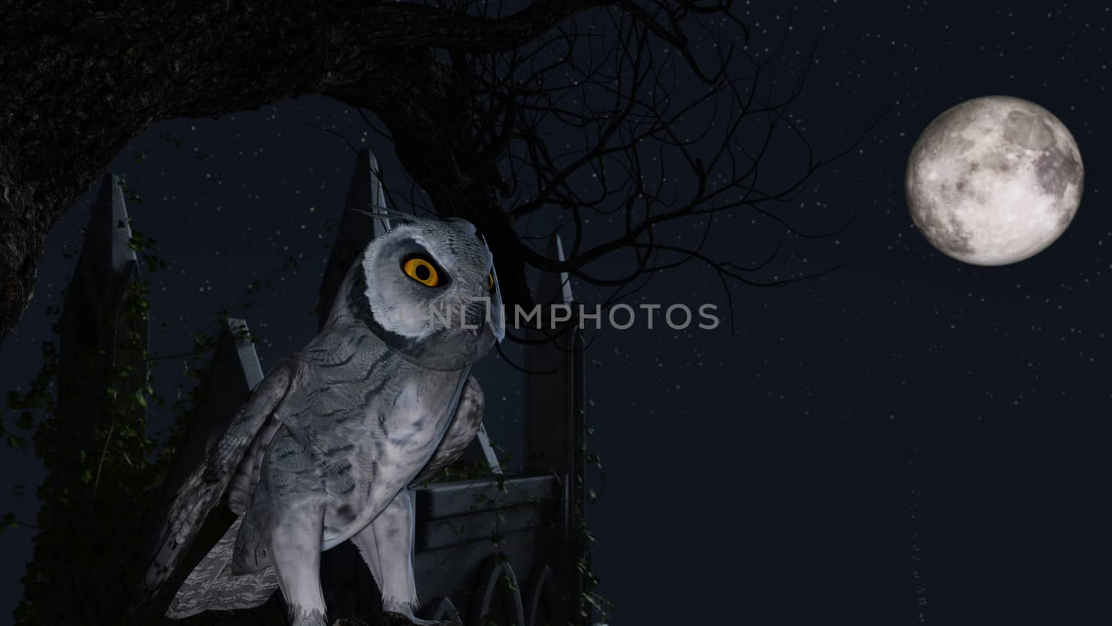 An owl sits motionless on a tree in the blue moonlight near a Mausoleum - 3d rendering