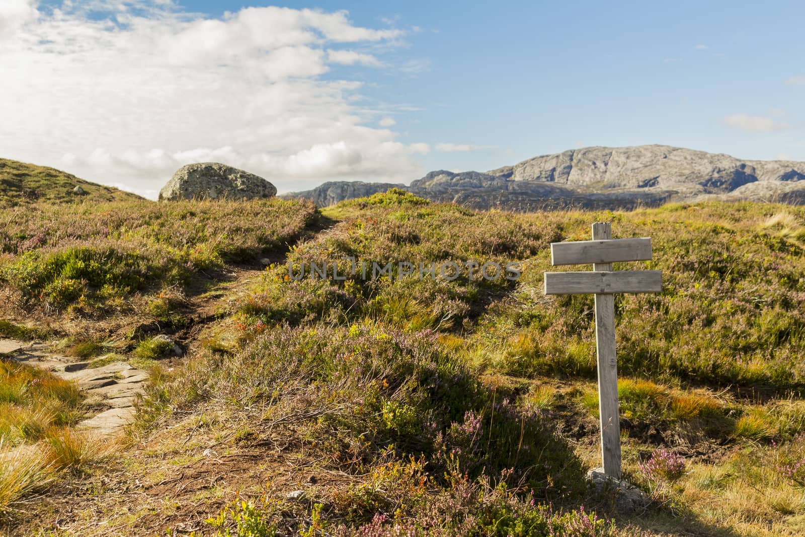 Sign on hiking trail to Kjerag Kjeragbolten in Rogaland, Norway. by Arkadij