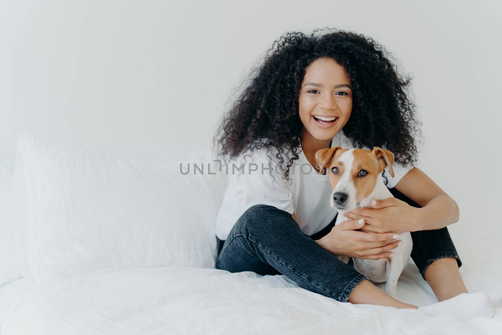 People, pet care and friendship concept. Smiling Afro woman with glad expression cuddles pedigree dog, sit on comfortable bed, copy space area on white background, going to sleep or have rest