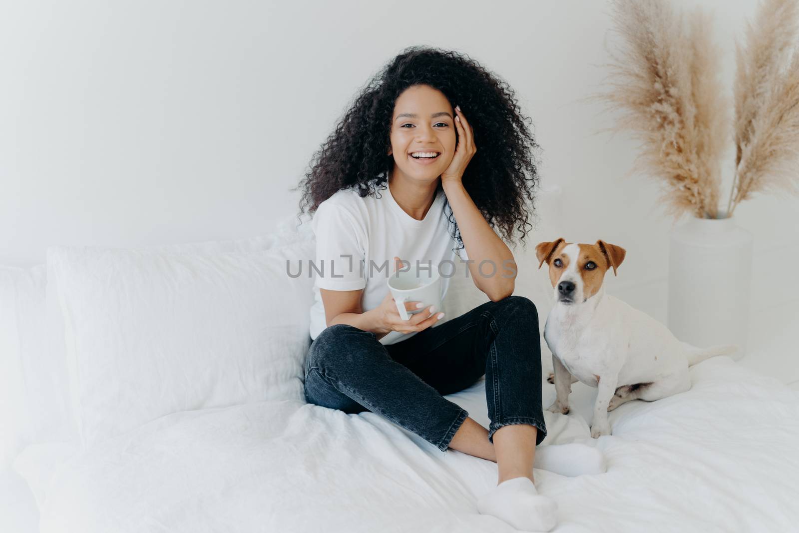 Happy attractive ethnic woman with curly hair wears white t shirt, jeans and socks, smiles pleasantly, drinks tea in comfortable bed, poses with dog, have lazy weekend. People, rest, animals concept by vkstock