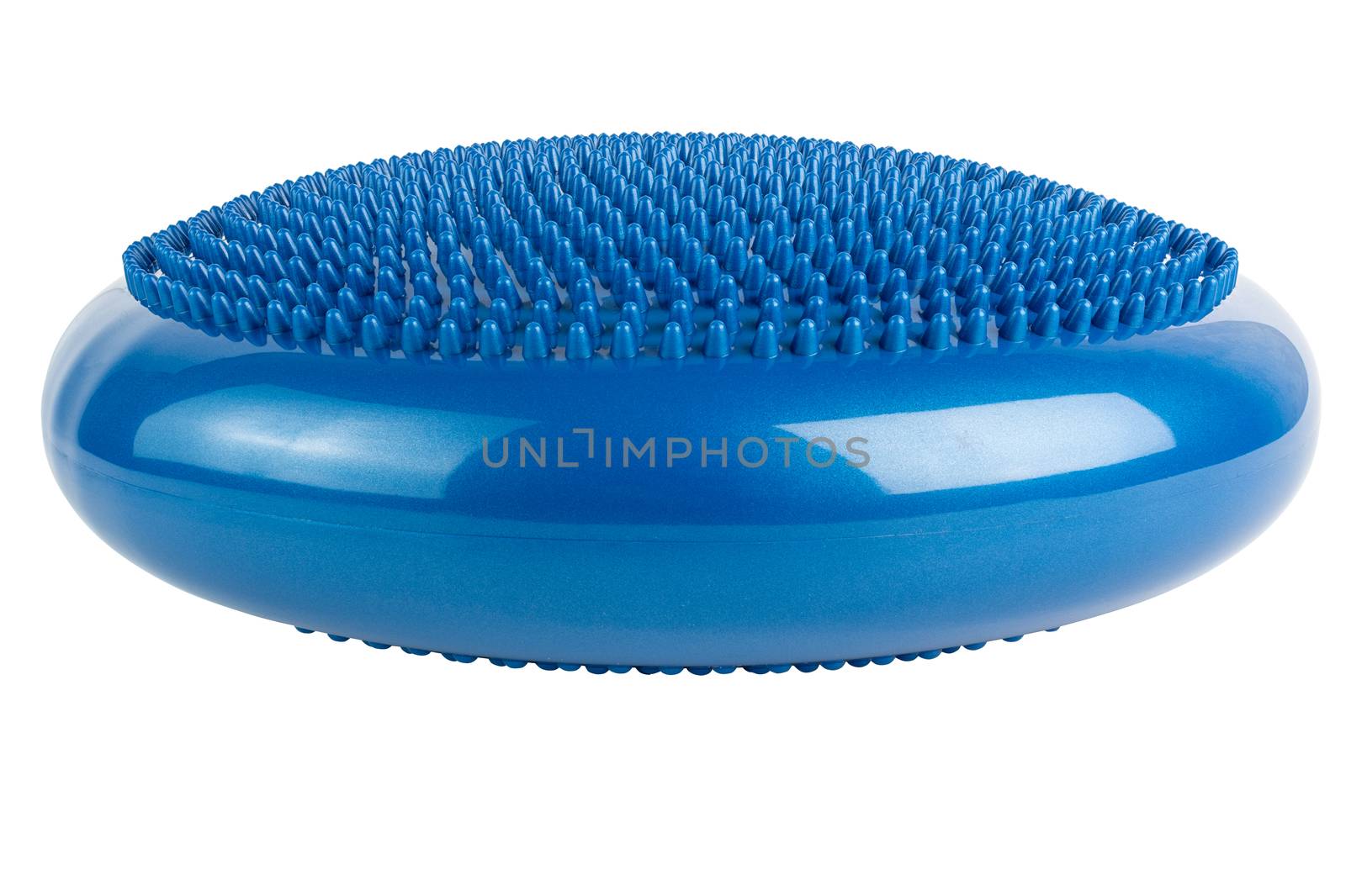 Blue inflatable balance disk isoleated on white background. A balance disk is a cushion can be used in fitness training as the base for core, balance, and stretching exercises. It is also known as a stability disc, wobble disc, and balance cushion.