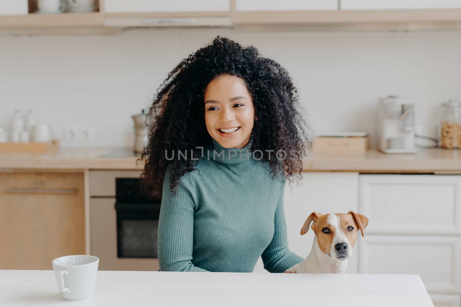 Happy dark skinned girl looks thoughtfully away, has pleasant smile, dressed in casual wear, drinks hot beverage, poses with domestic animal against kitchen interior. Female dog owner at home by vkstock