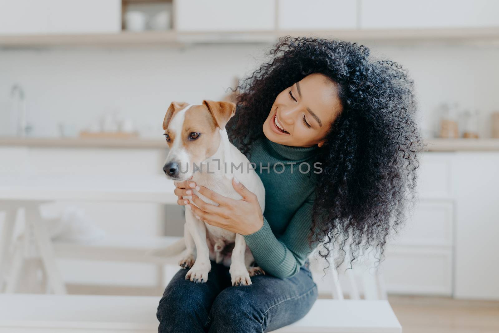 Happy female owner of jack russell terrier dog, feels responsibility of caring about pet, has bushy dark curly hair, sits against blurred kitchen background. People and relationship with animals