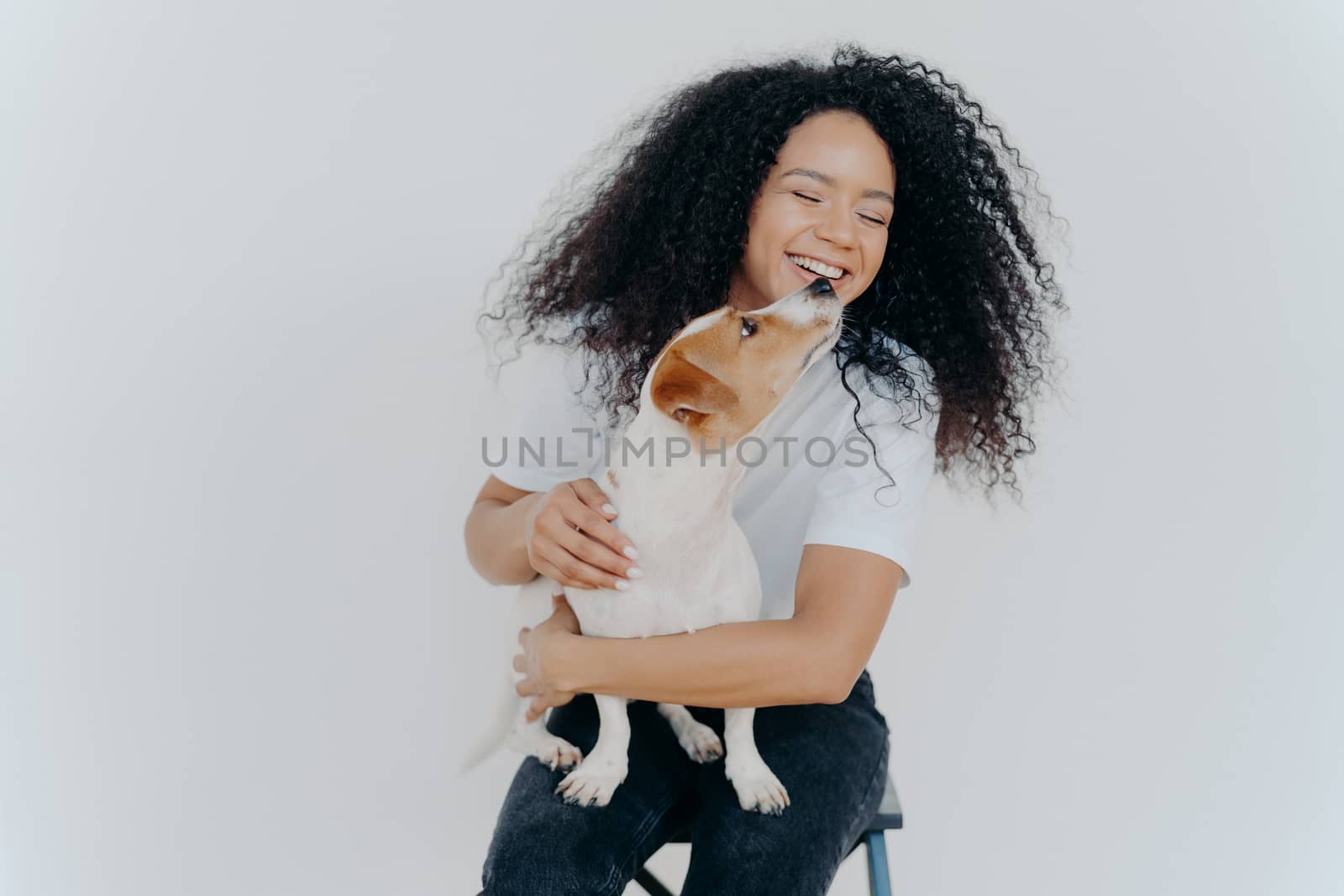 Isolated shot of smiling Afro American woman with curly hairstyle, gets kiss from favourite dog, sits at chair against white wall, wears t shirt and jeans. People, animals, emotions and love concept by vkstock