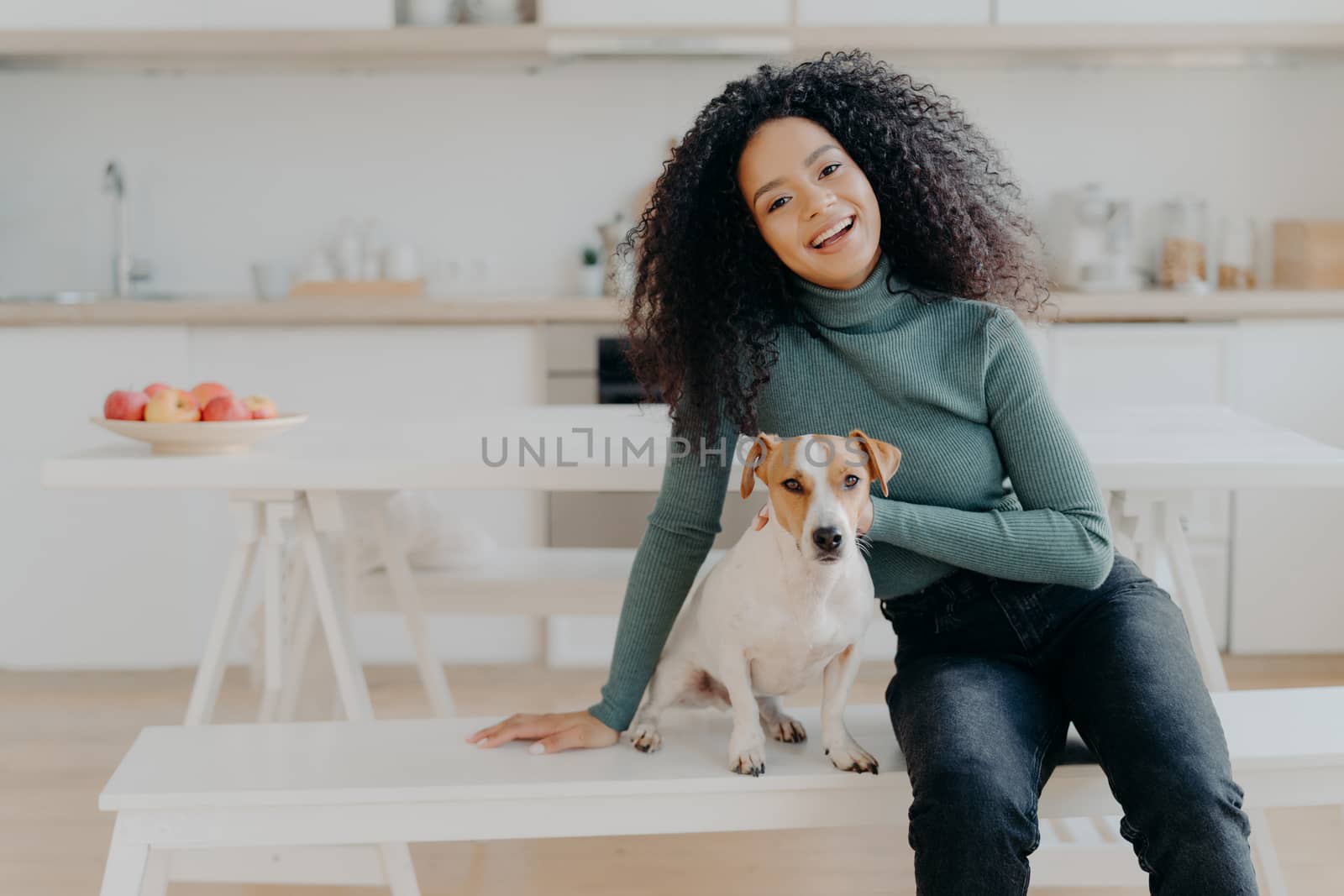 Female pet owner expresses love to dog, dressed in casual turtleneck and jeans, sits at white bench against cozy kitchen interior, spends free time at home, smiles broadly from happy enotions by vkstock