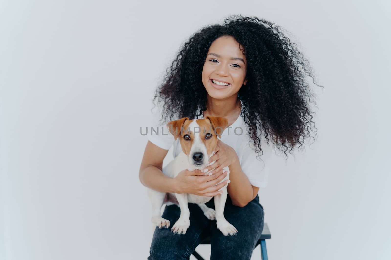 Photo of glad dark skinned female being forever together with pedigree puppy, enjoys leisure at home, sits on chair, isolated over white background. Human and animal connection. Trust and friendship by vkstock