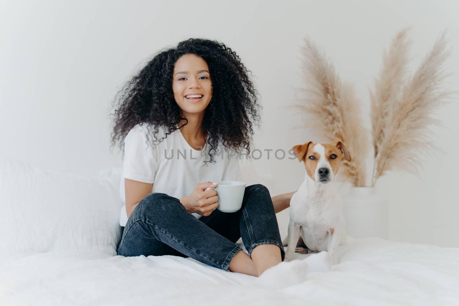 Happy carefree woman with Afro hairstyle, wears t shirt nad jeans, feels glad, holds mug of coffee, laughs sincerely, jack russell terrier poses near host. Cheerful teenage girl with favourite pet by vkstock