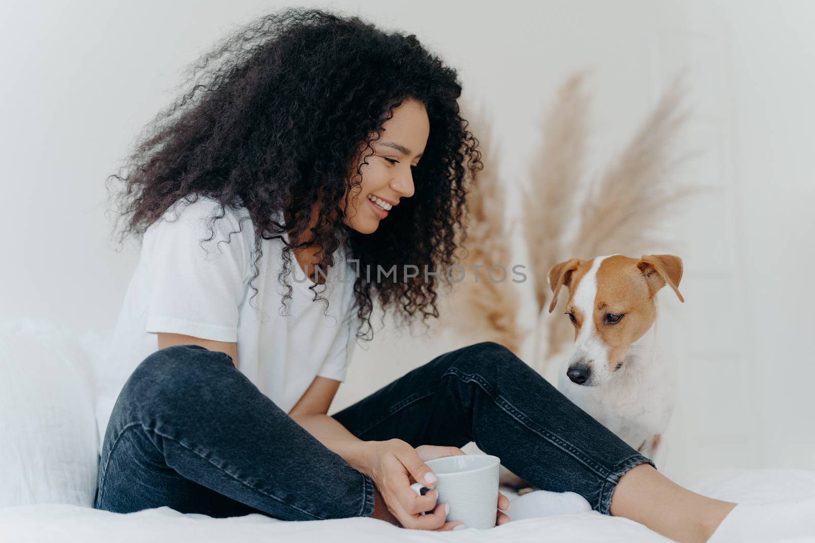 Photo of lovely curly haired female dog owner looks with smile at animal, holds cup of tea, sits on bed in white spacious bedroom, expresses love to animal. People, pets and friendship concept by vkstock