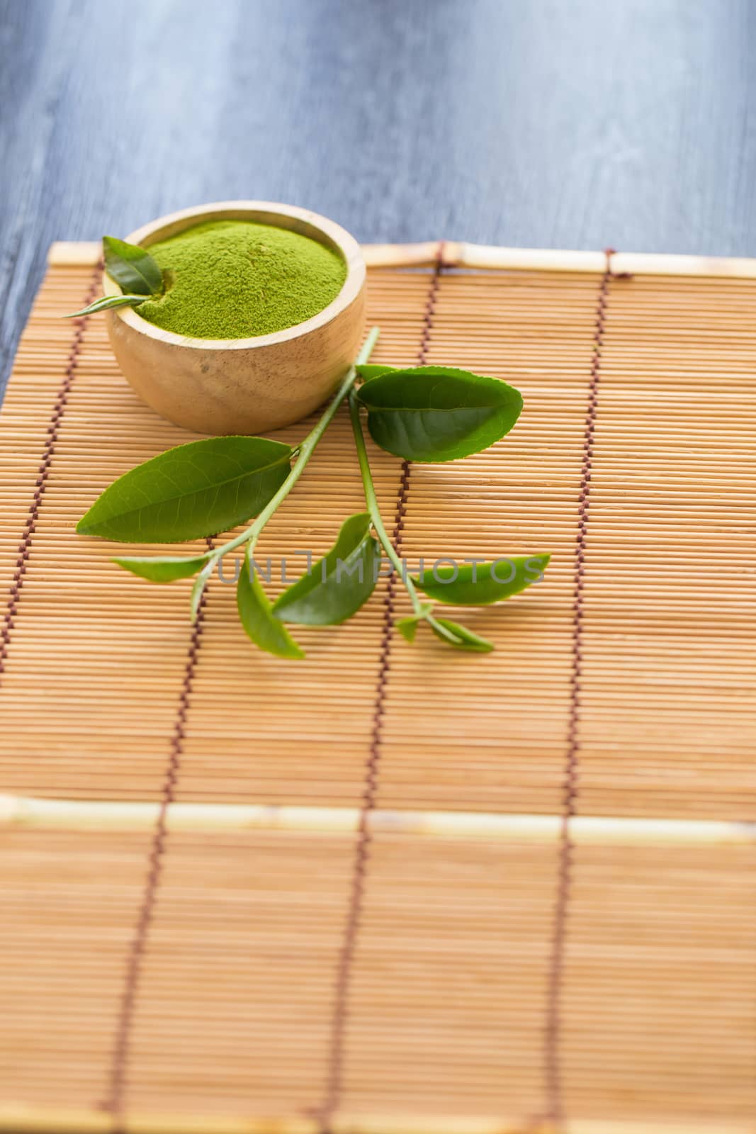 Set of matcha powder bowl wooden spoon and whisk green tea leaf Organic Green Matcha Tea ceremony.