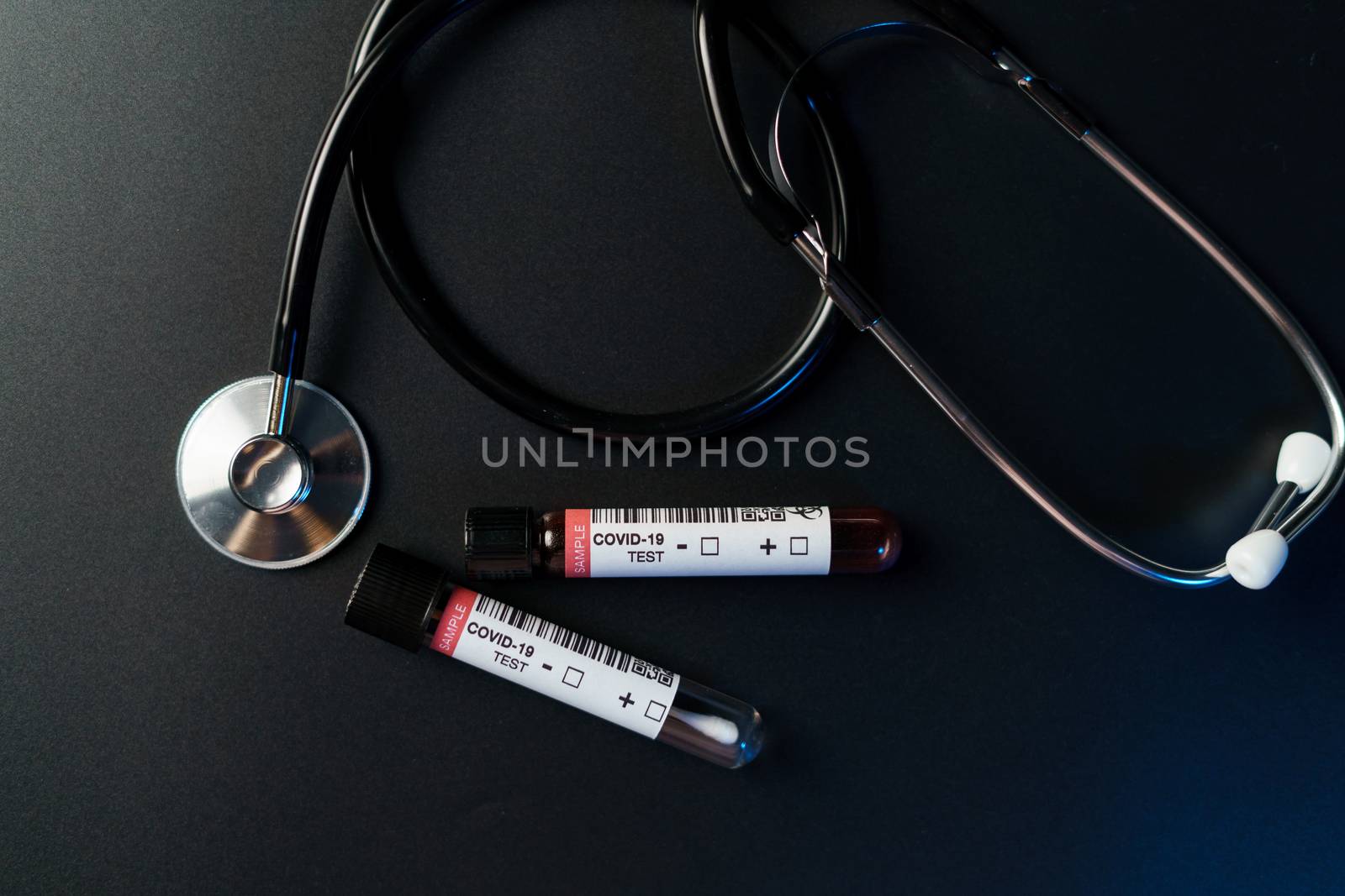 Coronavirus testing process, tube of blood test samples and swab collection kit of coronavirus (COVID-19).