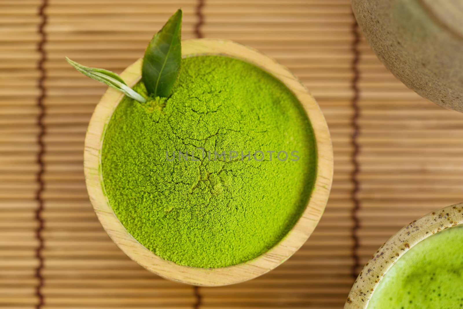 Set of matcha powder bowl wooden spoon and whisk green tea leaf Organic Green Matcha Tea ceremony.