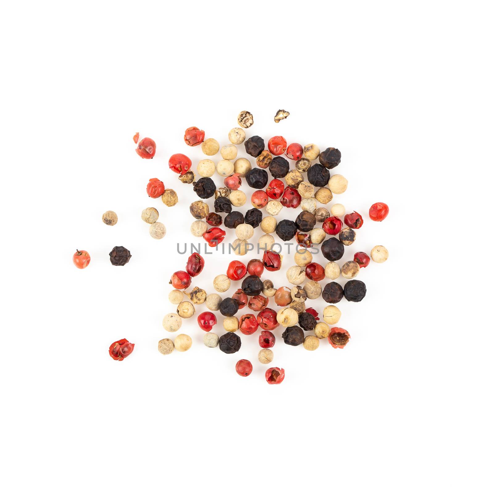 Dry Trio colour peppercorn grinder isolated on white background. Top view.