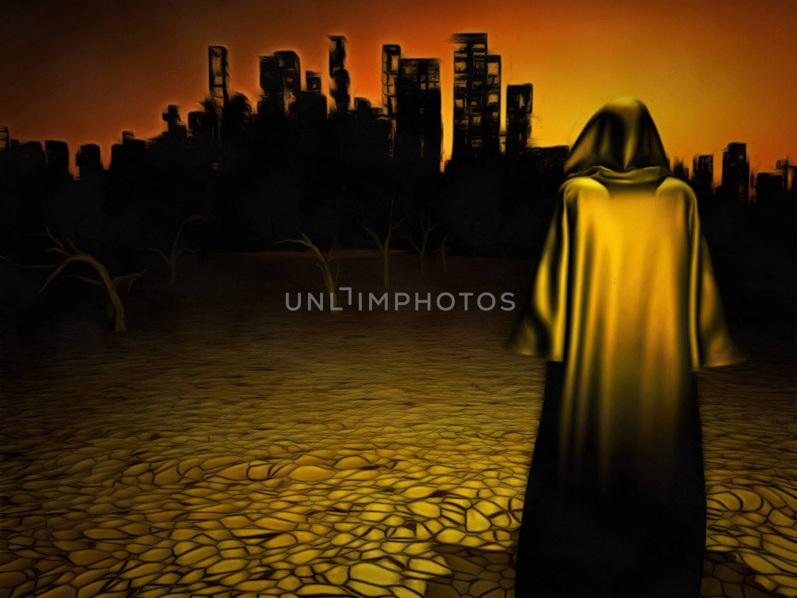 Surrealism. Figure in cloak stands before desolate city. 3D rendering