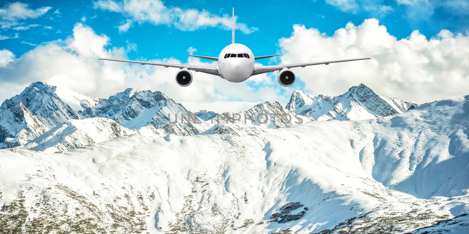 Airplane frying over the Snow Mountain background