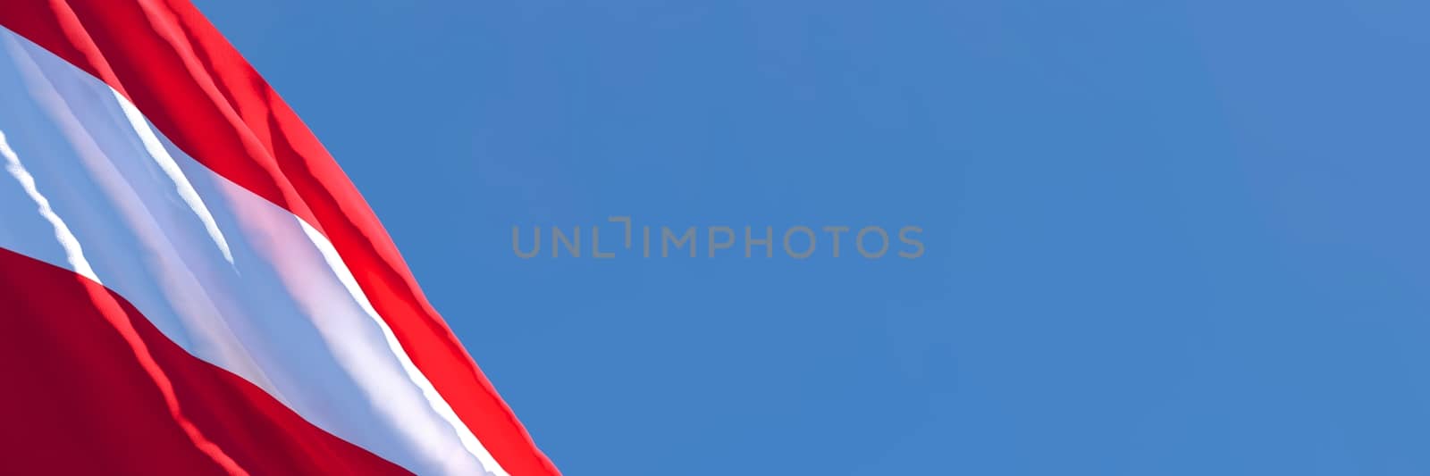 3D rendering of the national flag of Austria waving in the wind against a blue sky.