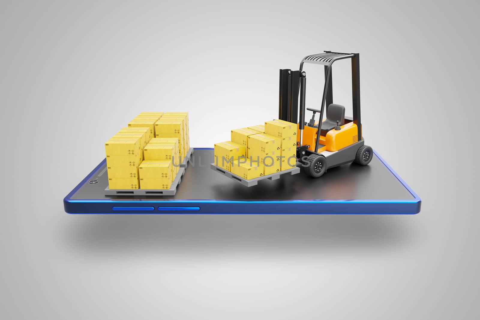 Forklift truck and cardboard box on pallet set on screen of smartphone. Cargo in warehouse to prepare for delivery by transporting to destination. Concept of online shopping and logistics. 3D render.