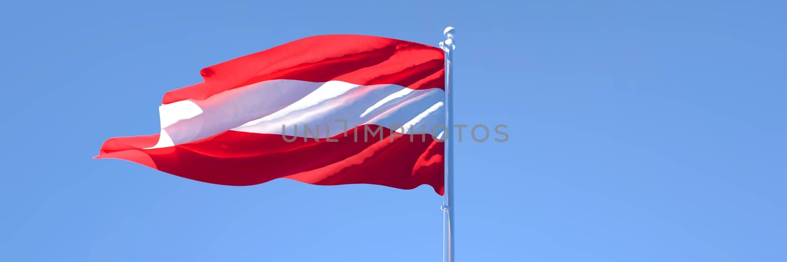 3D rendering of the national flag of Austria waving in the wind against a blue sky.