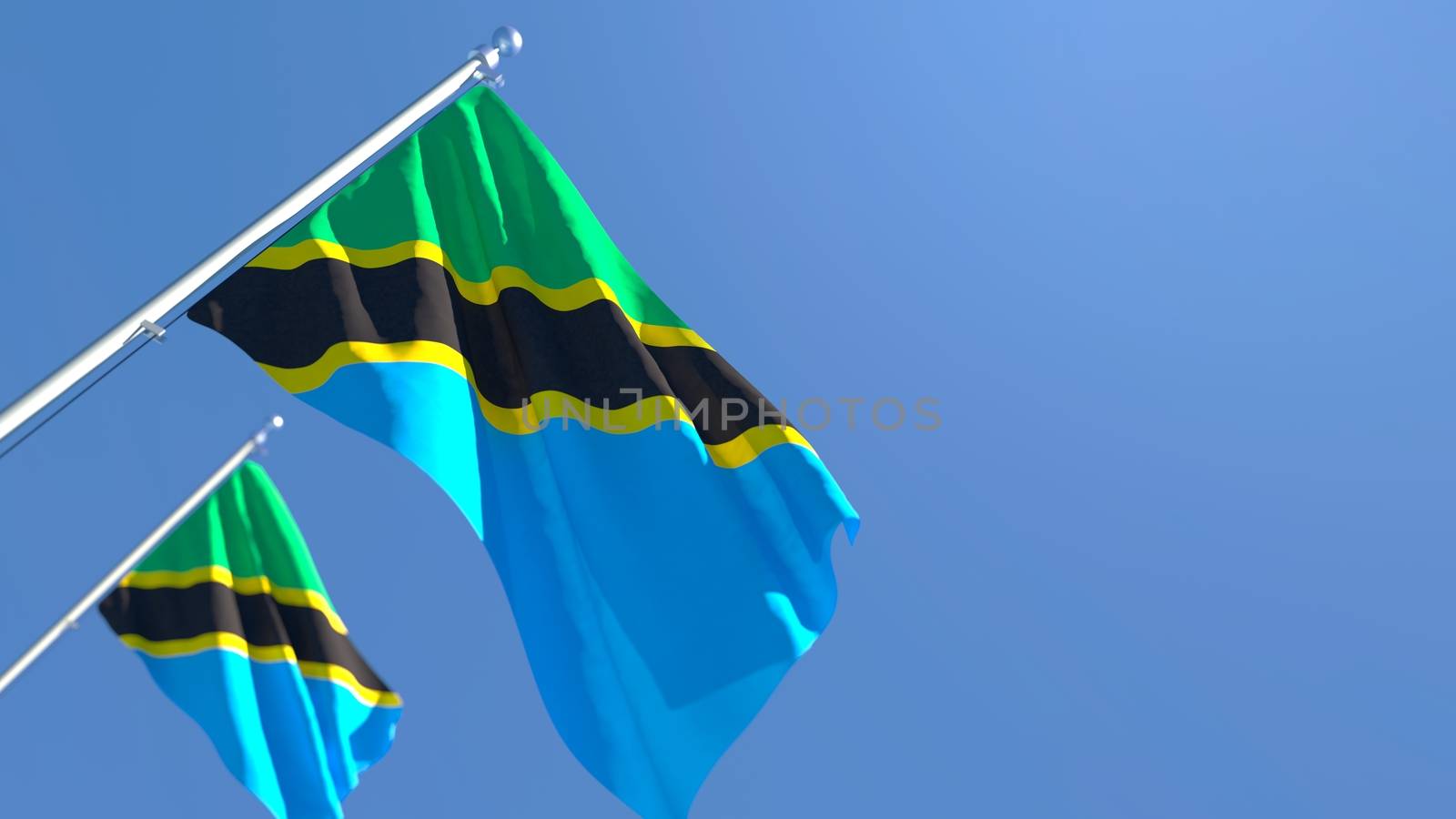 3D rendering of the national flag of Tanzania waving in the wind against a blue sky